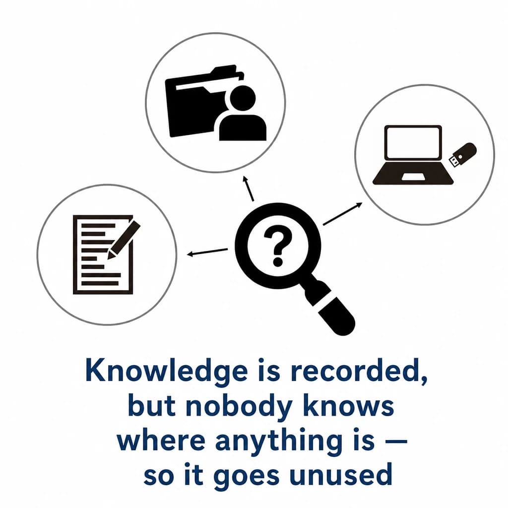 Knowledge is recorded, but nobody knows where to find it, so it goes unused