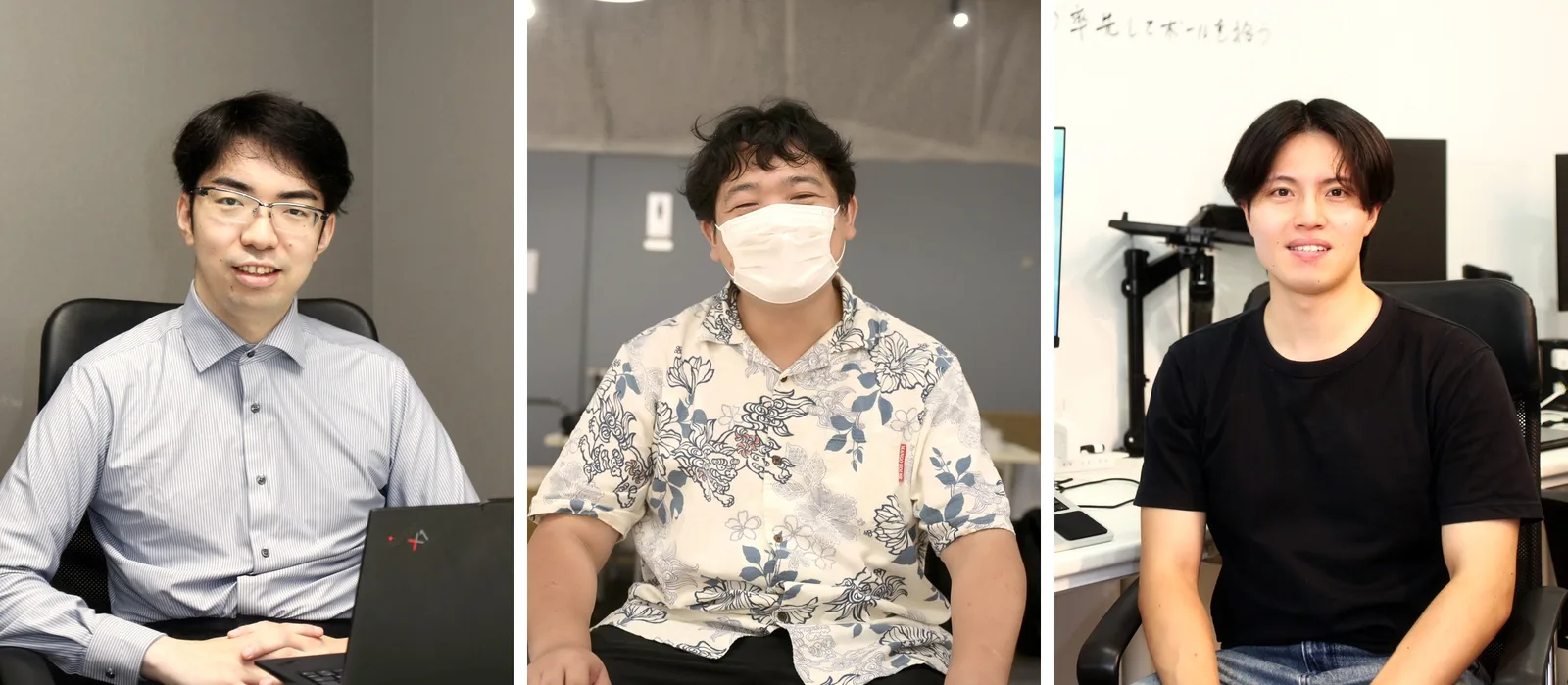 座談会に参加したラダーエンジニアの小野寺奉彦、AIエンジニアの野村浩太郎、CTOの大熊拓海