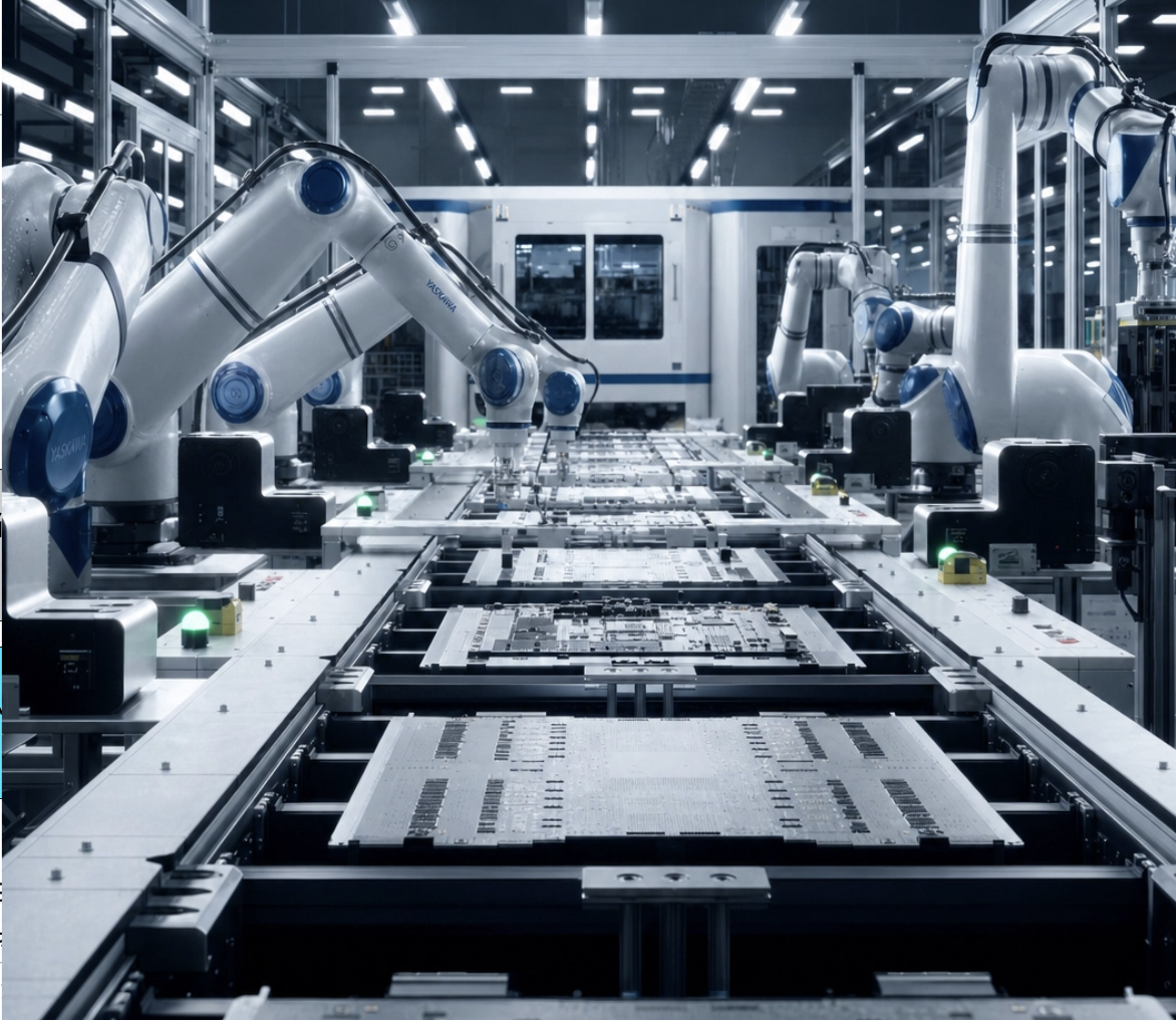 複数の産業用ロボットアームが稼働する製造ライン